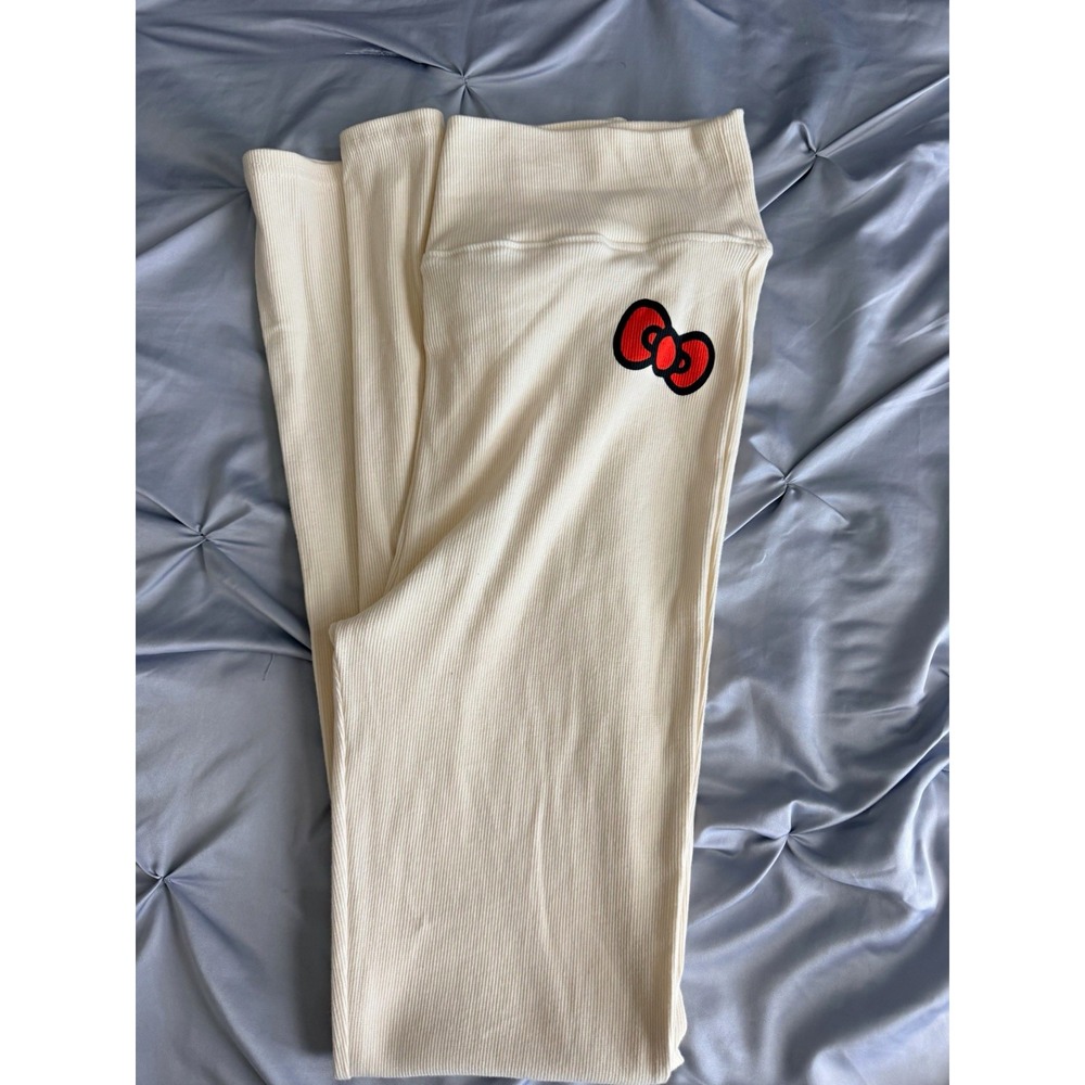 Hello Kitty Women Ribbed Knit Cotton Pull-On Leggings Beige Full Length L